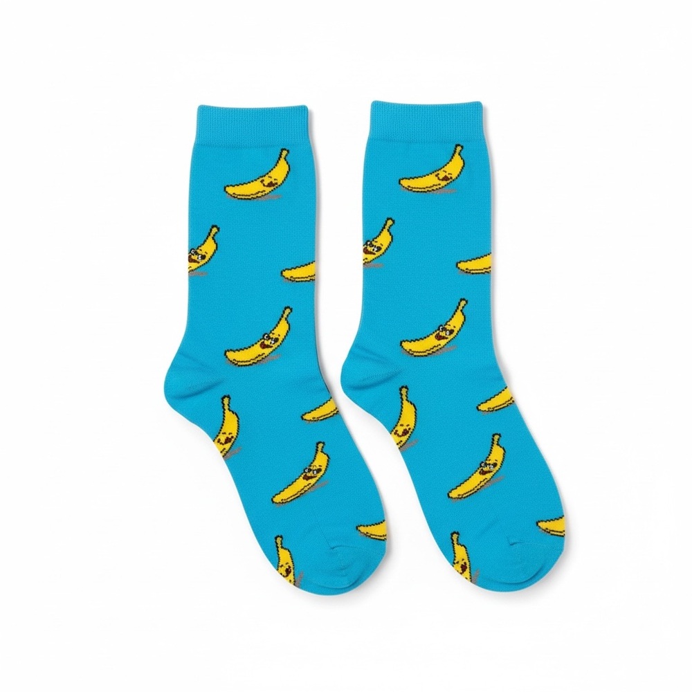 Retro Banana Print Blue Socks Mens 9-11 Novelty Cotton Blend Crew Socks NEW